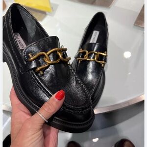 NEW Steve Madden Karmine Black Leather Gold Chain Loafers women sz 6.5